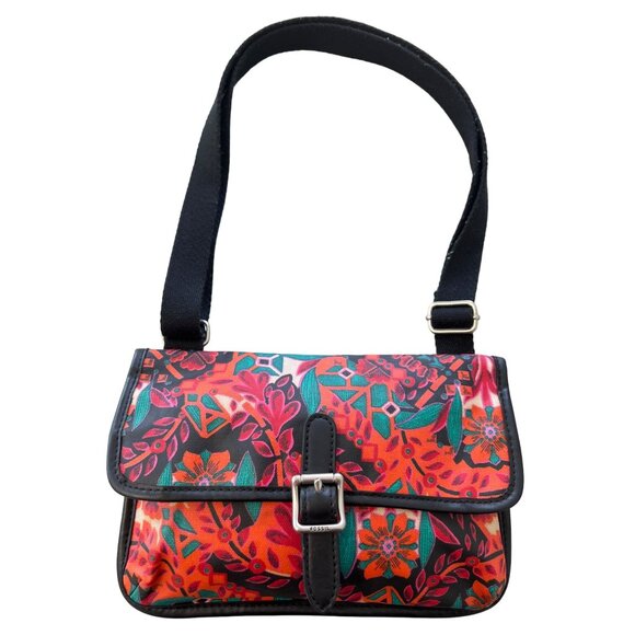 Fossil Keyper Mini Crossbody Bag Floral Coated Canvas Flap Front Black Orange - Picture 1 of 8